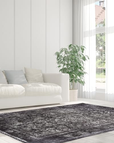 Qiyano Hikina Vintage Teppich Anthrazit 140 x 200 cm, Kurzflor Teppich Wohnzimmer & Schlafzimmer mit Baumwollrücken, Ornament-Muster, Florhöhe ca. 9 mm
