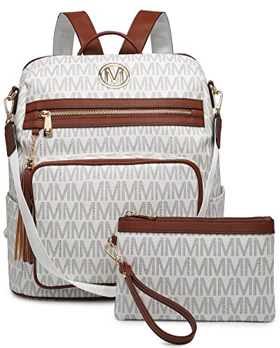 MKP COLLECTION Modischer Damen-Rucksack, Geldbörse, wandelbar, groß, Damen-Rucksack, Reise-Schultertaschen, Handtaschen-Set mit Quaste, 2 Stück, Weiss/opulenter Garten, 13.5 L x 6 W x 14.25 H,