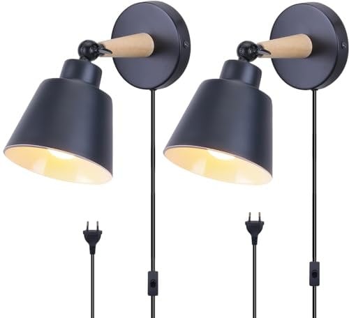 TOKIUS 2 Packs Appliques Murales Vintages Industrielles Plafonniers Luminaires E27 en Métal Réglable Lampe Murale Interieur Rétro pour Chambre Cuisine Restaurant (avec interrupteur, Noir)