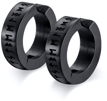 Nordischer Wikinger Hoop Ohrring Herren - Amulett Schutz Schmuck Geschenke Edelstahl Herren Non-Pierced Clip On Ohrringe Ohrstecker mit Nordic Elder Futhark Runen,Schwarz,1 Paar,