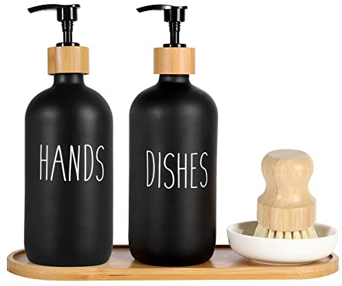 Mifxin 2-Pack Glass Soap Dispenser Set with Tray and Bamboo Dish Brush, Hand Soap Dispenser 16oz Kitchen Set - Farmhouse Decor Dish Soap Pump Bottle (Black - 2pack)