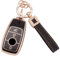 Koaudb Coque de clé de voiture 3 boutons en TPU avec lanière porte-clés en cuir pour Mercedes Benz A B C E G S SL CLS Classe SLC CLA GLB GLC GLE GLS AMG Coque de clé intelligente Noir Or (BP-Bz-3L)