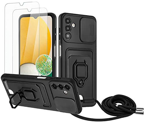 Zallagre Cordon de Coque Compatible avec Samsung Galaxy A13 5G/A04S,[2 Pièces] Verre Trempé,Lentille Coulissante Couverture,360 Degrés Bague Rotatif Support,Fentes pour Cartes-Noir