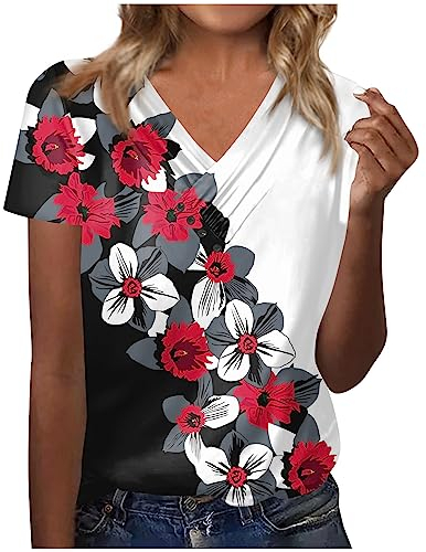 Azruma Festliche Oberteile Damen Damen-Oberteile Partner Tshirt Drucken Plissee V-Ausschnitt Kurzarm T Shirt Mit Tasten LäSsiges Button Down Tunika Oberteile Muskelshirt (1-Wine, 3XL)