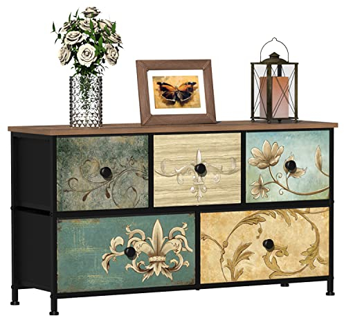 VEDECASA Dresser with 5 Drawers Wide Drawer Dresser for Bedroom TV Stand with Storage Drawers for Closet Living Room Nursery Hallway Sturdy Metal Frame Wooden Top Easy to Install