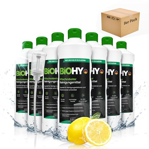 BiOHY Wischroboter Reinigungsmittel für Reinigungsstationen mit Frischeduft (9 x 1 Liter) + Dosierer | Verlängert die Lebensdauer der Absaugstation | Schaumarmes Bodenreiniger Konzentrat