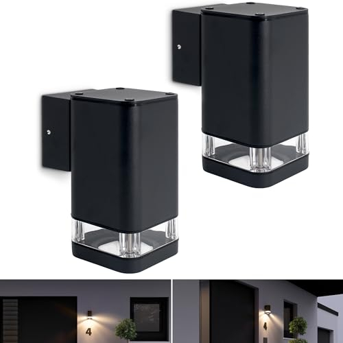 SSC-LUXon 2 Stück Wandleuchte ATUNI up oder down mit IP54 Wetterschutz 1-Flammig - LED Wandaufbauleuchte schwarz inkl. 3W GU10 Lampe 230V warmweiß