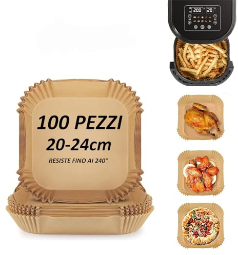 DETERMONDO 100 Carta Forno per Friggitrice ad Aria 20-24 cm Quadrata, Biodegradabile, Senza PFAS, Resistente fino a 240°, Per Forno e Microonde