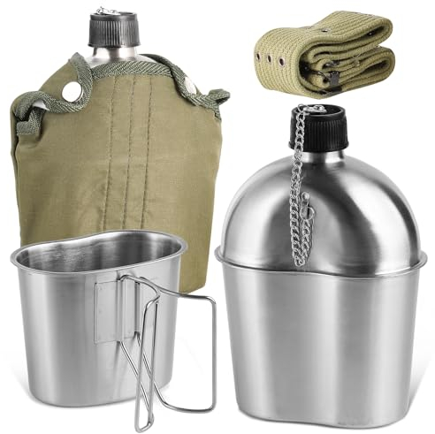 Afranti Bouteille d'eau militaire portable en acier inoxydable de 1 l avec tasse de 0,5 l et housse en nylon pour la randonnée, le camping, l'escalade et la plupart des activités de plein air