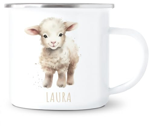 Schaf Emaille Tasse Kinder Trinkbecher personalisierte Kindertasse mit Namen süßer Kinderbecher für Mädchen & Jungen Geschenk Emaille Becher 300 ml (Schaf)