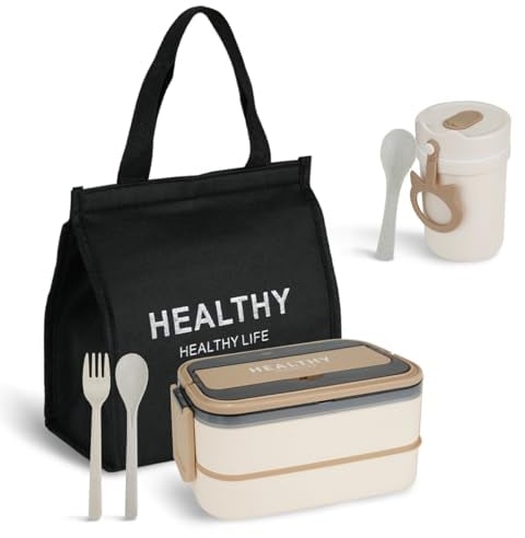 Mulaibdin Bento Box - Adults/Kids Lunch Box with Compartments & Cutlery, Insulated Lunch Bag, Leak Proof & Microwave Safe (Stackable/1400ml)