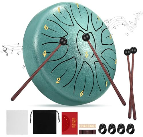 Steel Tongue Drum, 6 Zoll 11 Töne Zungentrommel Pan Drum Percussion Steel Instrument Handpan Steel mit Tragetasche, 2 Trommelstöcken, 4 Fingerlingen, Geeignet für Meditation Yoga Klangheilung (grün)