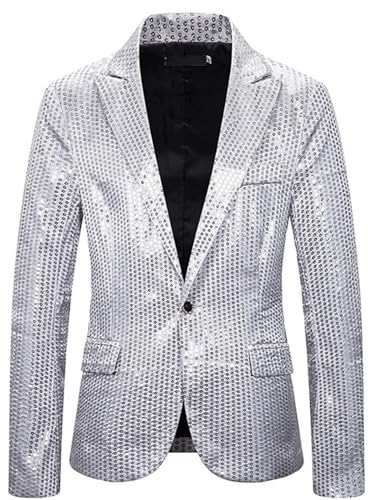 GZYshoyao Herren Pailletten Sakko Gold Glitzer Blazer Slim Fit Hochzeit Mantel Langarm Mantel Anzug Herrenjacke Performance-Kostüm für Hochzeit und Party Formelle Kleidung für Herren (W1-Silber, L)