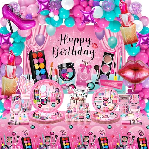 Décoration d'Anniversaire Spa - Cadeaux de Maquillage, Assiettes, Tasses, Serviettes, Nappe, Toile de Fond « Happy Birthday », Ballons pour Arche de Gâteau, Fournitures de Fête
