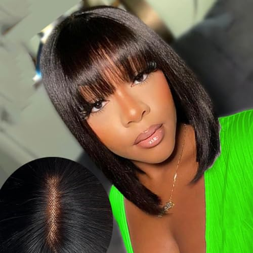2X1 Straight Echthaar Perücke Lace Front Wig Human Hair Wig with Bang Short Bob Wig Human Hair with Bang echthaar Perücke Bob With Bangs 14zoll