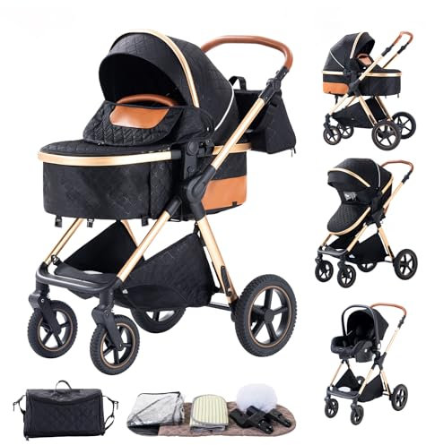 BEBBY Kombikinderwagen 3 in 1 Reisesysteme Standardkinderwagen Kinderwagen Buggy Neugeborener Tragbarer Reisewagen Faltbarer Aluminium Kinderwagen High Landscape Kinderwagen (Blackgold-6)