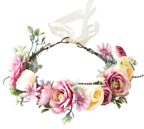 Brikuinr Floral Halo Crown Wreath Rose Flower Headband Hair Wreath Floral Headpiece Boho with Ribbon Wedding Party Festival