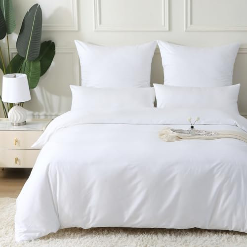 MILDLY Satin Bettwäsche 200x200 Baumwolle,100% Langstapelige Baumwolle Seidig Luxus Bettzeug, ÖkoTex Zertifiziert & für Allergiker Geeignet, 1 Bettbezug 200x200 & 2 Kissenbezug 80x80,Weiß
