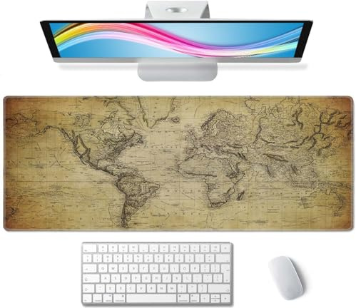 Gaming-Mauspad, groß, Tastatur-Mauspad, Schreibtischunterlage, rutschfeste Gummiunterseite mit genähten Kanten, 31,5 x 29,8 cm, Vintage-/Retro-Weltkarte