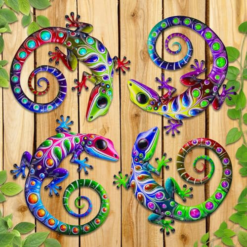 Giyiprpi 4 Pack Metal Gecko Wall Decor, 7.8 Inch Lizard Outdoor Wall Art Fence Decorations for Patio and Yard, Colorful Hanging Decoration for Garden Living Room Bedroom Patio Balcony