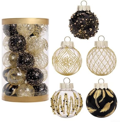 25-Piece Christmas Ball Ornaments Set - Shatterproof Clear Plastic Christmas Ball Ornaments Set with Delicate Shiny Hanging Christmas Tree Ornaments(Black Gold)