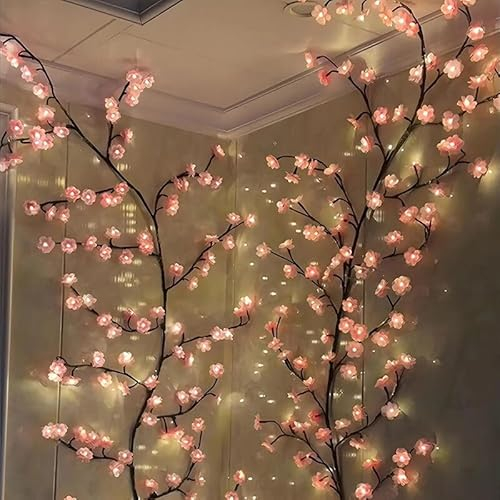 BomKra Kirschblüten Willow Vine Wand Deko - 144 LEDs Lichterkette Wanddeko mit Fernbedienung, 8 Modi, USB-Betriebene Timer, Weidenrebe Baum Lichter für Schlafzimmer Deko Weinachtsdekorationen