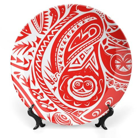 NONHAI Assiette décorative en porcelaine anglaise de 15,5 cm avec présentoir - Assiette décorative en céramique blanche et rouge à motif tribal - Assiettes décoratives en céramique pour la maison