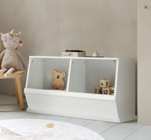 Hooga Double Stacking Storage Trunk- Wooden Stackable Storage Unit with 2 Large Compartments - 77cm x 34cm x 43cm - White