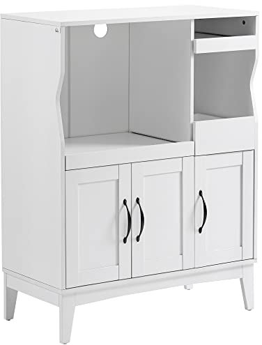 HOMCOM Credenza Cucina Salvaspazio con 2 Armadietti e Cassetto e Ripiani Estraibili, Mobiletto da Cucina Porta Microonde con Ripiani Regolabili in Legno, 84x39x109 cm, Bianco