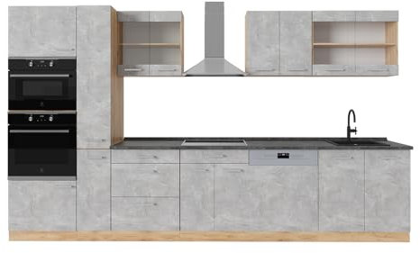 Vicco Küchenzeile R-Line, Küchenblock, Beton/Goldkraft Eiche, 350 cm, AP Anthrazit