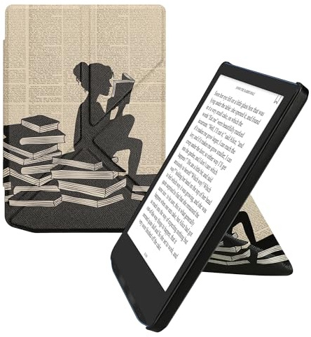 kwmobile Kunstleder eReader Schutzhülle für Pocketbook Verse/Verse Lite/Verse Pro/Color/Vivlio Light/Light HD Hülle - Falt Cover für E-Reader in Schwarz Beige - Lesende Frau