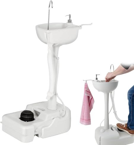 Lavandino da campeggio portatile, lavello da campeggio da 17 l con ruote, portasciugamani e dispenser di sapone da 3,5 l, supporto per lavabo con pompa a pedale per eventi all'aperto, giardino