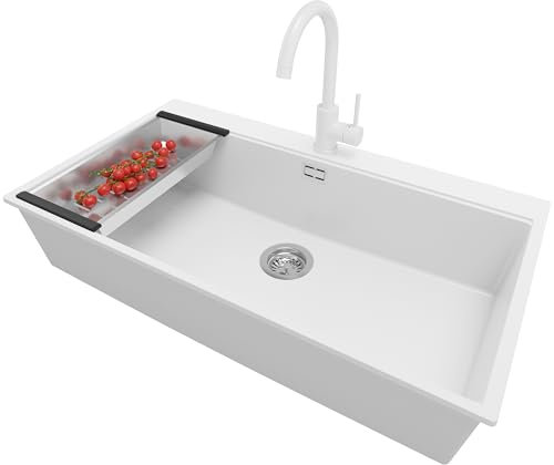 PRIMAGRAN Fregadero Granito Blanco 88x50cm, Cocina 1 Seno + Grifo 32x20cm + Sifón, Sobre encimera al mueble 90cm - Oslo S453