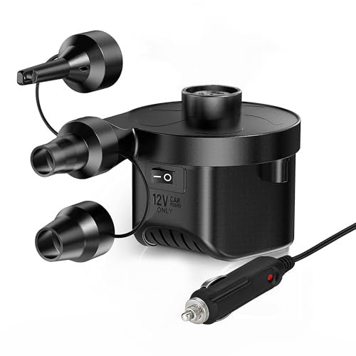 Electric Air Pump 12V DC Car Inflator - Quick Inflate/Deflate for Inflatables, Air Mattress, Pool Toys, Camping Beds, Couch, Portable Mini Pump with 3 Nozzles, Fits Standard 12V Vehicle Power Outlets