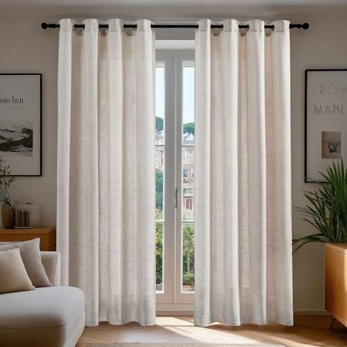 Deconovo Leinenoptik Vorhang Gardinen Ösen Voile Vorhang Transparente Stores Gardinen Wohnzimmer Gardinenschal Durchsichtig Ösenvorhang für Schlafzimmer Balkon, H245 x B140 cm, Leinen, 2er Set