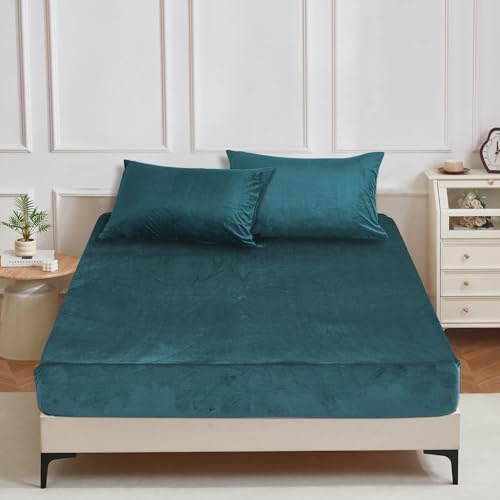 YASMENG Winter Plüsch Spannbettlaken 140x200cm Petrol Warm Kuschelig | Fleece Bettlaken 140x200cm Weich Kuschel Samt Flauschige Spannbettlaken Boxspringbett Geeignet für 30cm Matratze