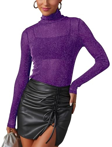 NONSAR Maglia da donna in rete trasparente, a maniche lunghe, sexy, in rete