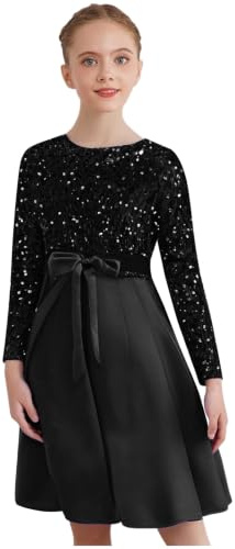 dPois Mädchen Weihnachten Outfit Langarm Kleider Rundhals A-Linie Kleid mit Glitzern Pailletten Knielang Festlich Herbst Winter Party Kleidung
