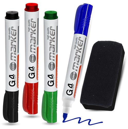 G4GADGET Whiteboard Pens 4 Pack with Eraser – Dry Wipe Marker Pens Black Blue Red Green | Bullet Tip White Board Markers Erasable, Low Odour, Non-Permanent for School, Office & Home