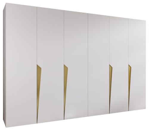 MEBLE KRYSPOL - Kleiderschrank - Garderobenschrank - 300 cm x 202 x 52 cm - Schrank mit Kleiderstange, 6 Türen - für Schlafzimmer, Flur - Piano, Weiß, Griff Gold