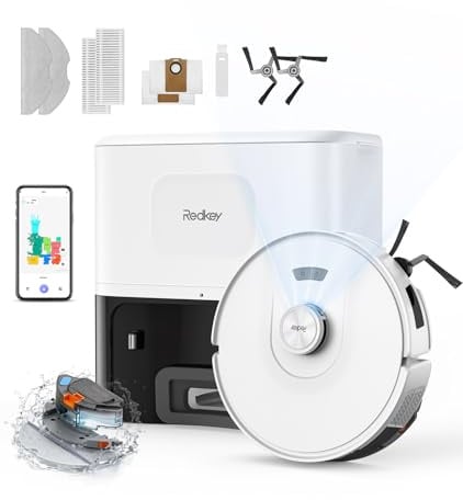 Redkey D8 Robot Dammsugare och mopp, 25000Pa Robotdammsugare med bas, 4L Självtömning, Anti-trassel, LiDAR Navigation, Perfekt för mattor och husdjurshår, röst och applikation