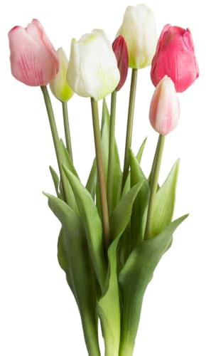 Botanic-Haus künstliches Tulpenbündel/künstlicher Tulpenbund Sandy lang mit 4 Tulpen und 3 Tulpenknospen Farbe: Creme-pink-Beauty real Touch, erfrischende künstliche Blumen für Ihre Frühjahrsdeko