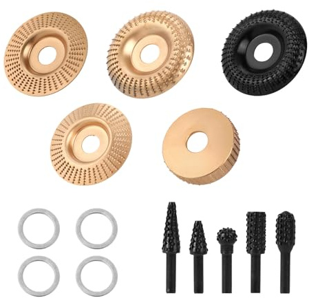 14pcs Ensemble Disques à Sculpter Bois pour Meuleuses d'Angle 4/4,5 Pouces, Comprenant Meules à Bois Divers et Fraises Rotatives Divers et 5/8 Bagues d'Adaptation