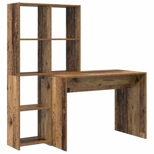 pokgdf Schreibtisch Altholz 138,5 x 55 x 143 cm Holzwerkstoff mit Mehreren Regalen für Home-Office, Büro und Studierzimmer, robuster Schreibtisch mit großer Arbeitsfläche