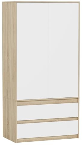Framire Schrank B-9TIP Sonoma Eiche/Weiß 90x51x180 cm – hoher Kleiderschrank mit Regalen & Schubladen, Mehrzweckschrank für Wohnzimmer, Schlafzimmer & Flur, Modern B-9TIP