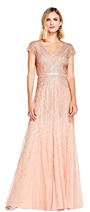 Adrianna Papell Robe Longue à col en V avec Manches Courtes et Taille pour Femme, Rose poudré, 46