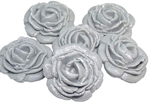 6 Large Edible Glittered Roses Flower Cake Topper Decorations (Silver)