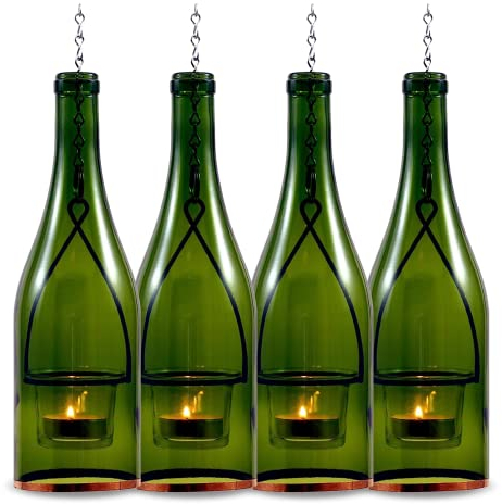Blue Ridge Mountain Gifts Hanging Glass Wine Bottle Lantern, Tea Candle Holder (4, Green)