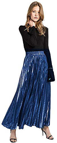 Milya Damen Lang A-Linie Plisseerock Maxi Faltenrock Blingbling (Blau)