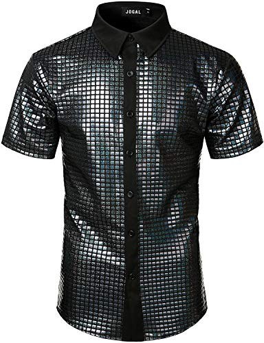 JOGAL Herren Pailletten Kleid Shirt 70er Disco Party Kustüm (Schwarz, XX-Large)
